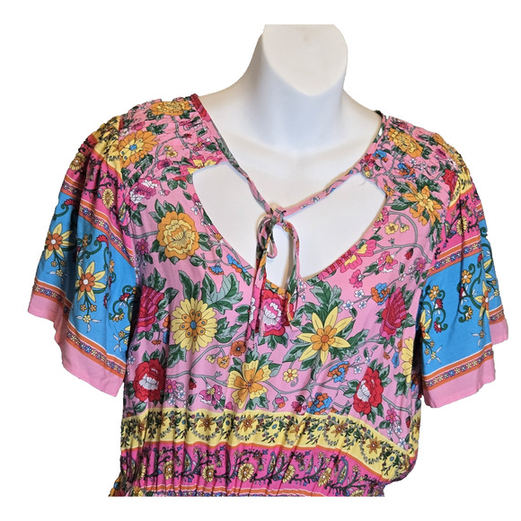 Women's Boho Floral Dress Medium Pink Blue, Tie at V-Neck - Elastic Waist Spring - Picture 2 of 11